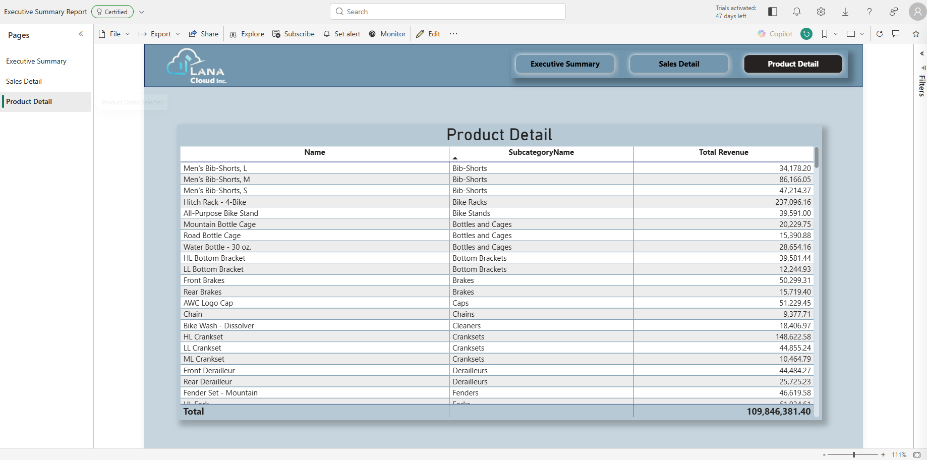 Product Detail drillthrough page — table with Name, SubcategoryName, and Total Revenue columns. Products listed alphabetically by subcategory, total 109,846,381.40.